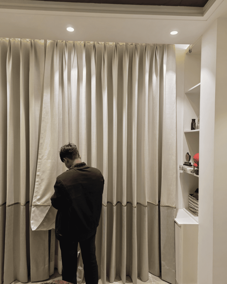 Custom curtains installation in Delhi home by SILKARA
